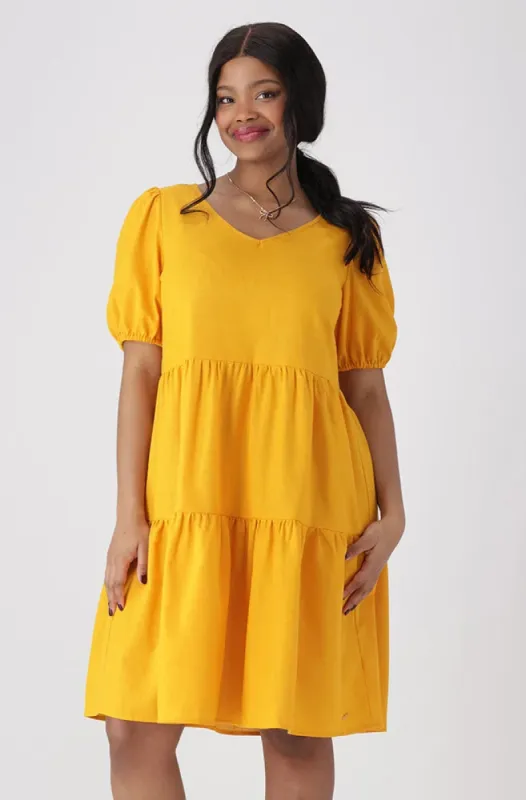 Carla Puff Sleeve Tiered Dress _ 154127 _ Ocre sold by Dunns