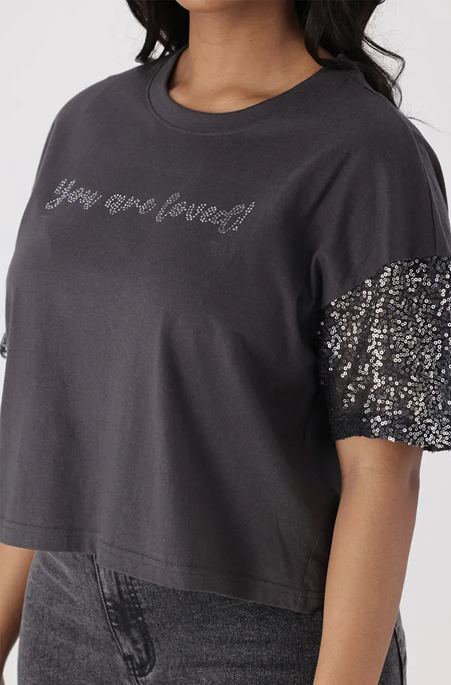 Pearl sparkle boxy tee _ 154894 _ Charcoal sold by Dunns product image thumbnail 3
