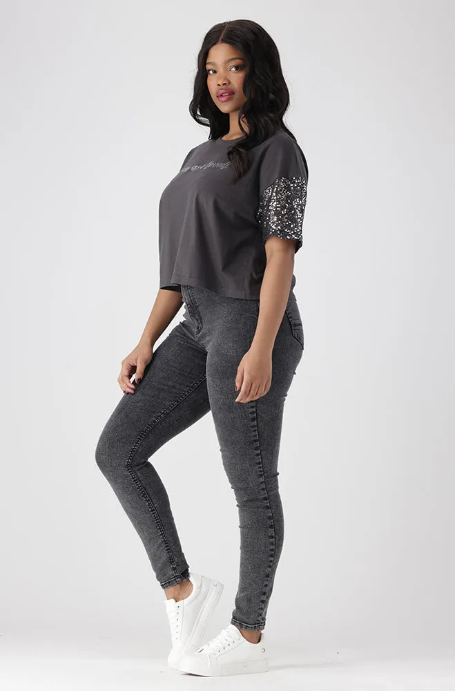 Pearl sparkle boxy tee _ 154894 _ Charcoal sold by Dunns product image thumbnail 5