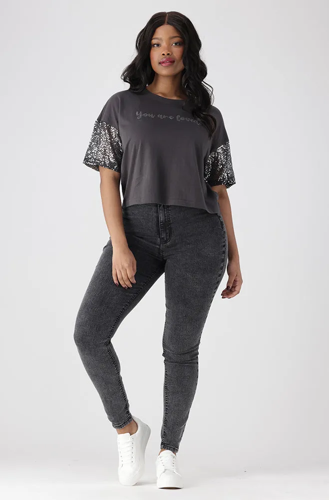 Pearl sparkle boxy tee _ 154894 _ Charcoal sold by Dunns product image thumbnail 4