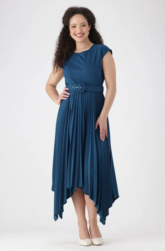 Madina Belted Pleated Dress _ 154030 _ Teal sold by Dunns