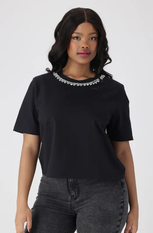 Gema Boxy Rhinestone Tee _ 154951 _ Black sold by Dunns