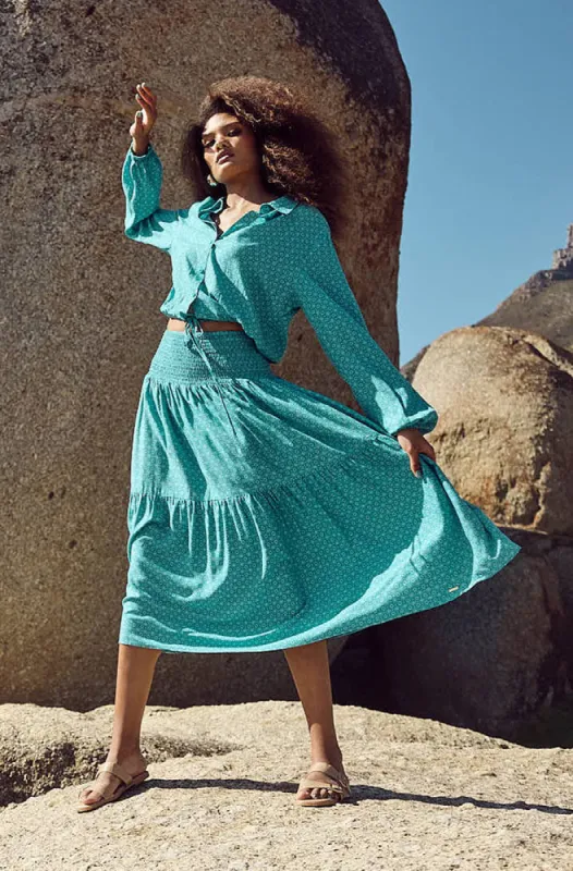 Mia Shirred Waistband Tiered Skirt _ 154229 _ Turquoise sold by Dunns