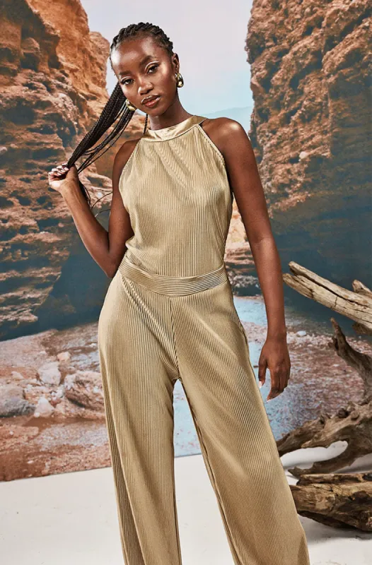 Sienna Plisse Halter Neck Jumpsuit _ 155267 _ Taupe sold by Dunns