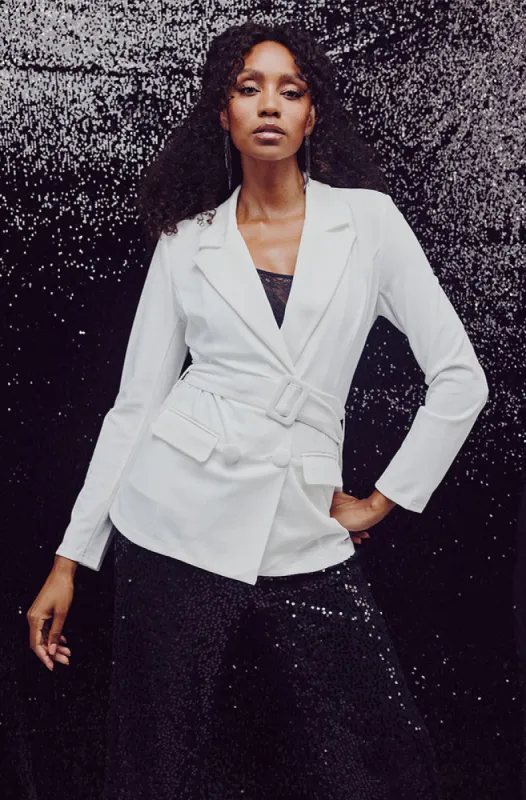 Aria Belted Blazer _ 155606 _ White sold by Dunns