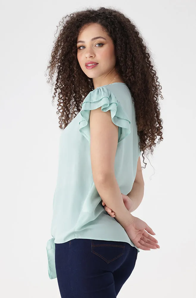 Kim Flutter Sleeve Front Tie Top _ 155951 _ Sage sold by Dunns product image thumbnail 2