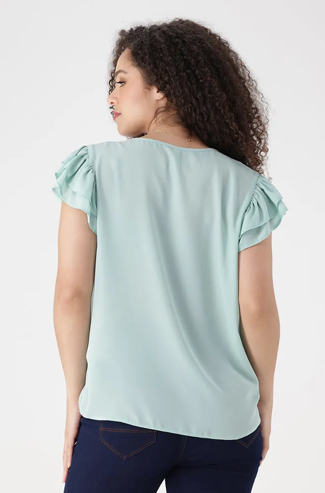 Kim Flutter Sleeve Front Tie Top _ 155951 _ Sage sold by Dunns product image thumbnail 3