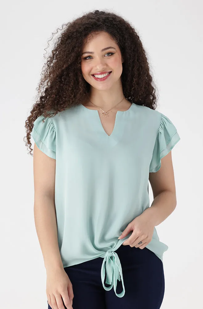Kim Flutter Sleeve Front Tie Top _ 155951 _ Sage sold by Dunns