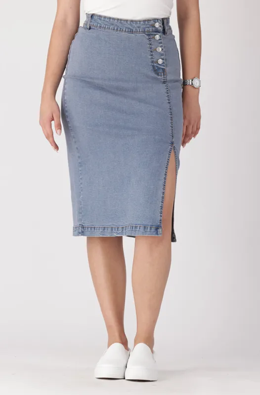 Melissa Mid Calf Side Slit Skirt _ 153186 _ Light Wash sold by Dunns