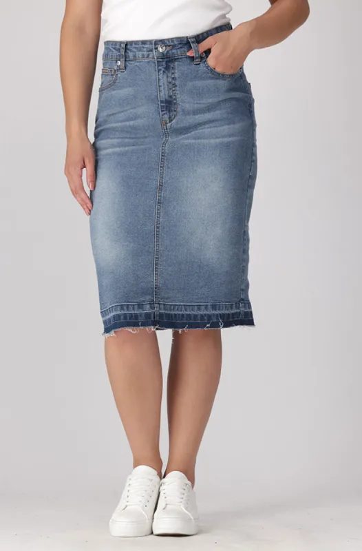 Tara Unclipped Hem Denim Skirt _ 161532 _ Mid Wash sold by Dunns