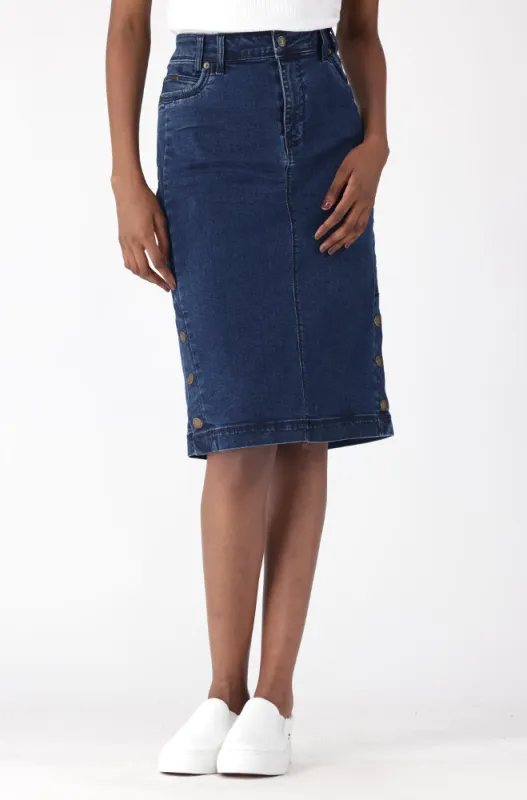 Camden Button Through Denim Skirt _ 156317 _ Dark Wash sold by Dunns