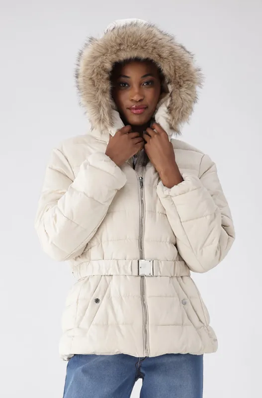 Gia Short Hooded Belted Puffer _ 155566 _ Cream sold by Dunns