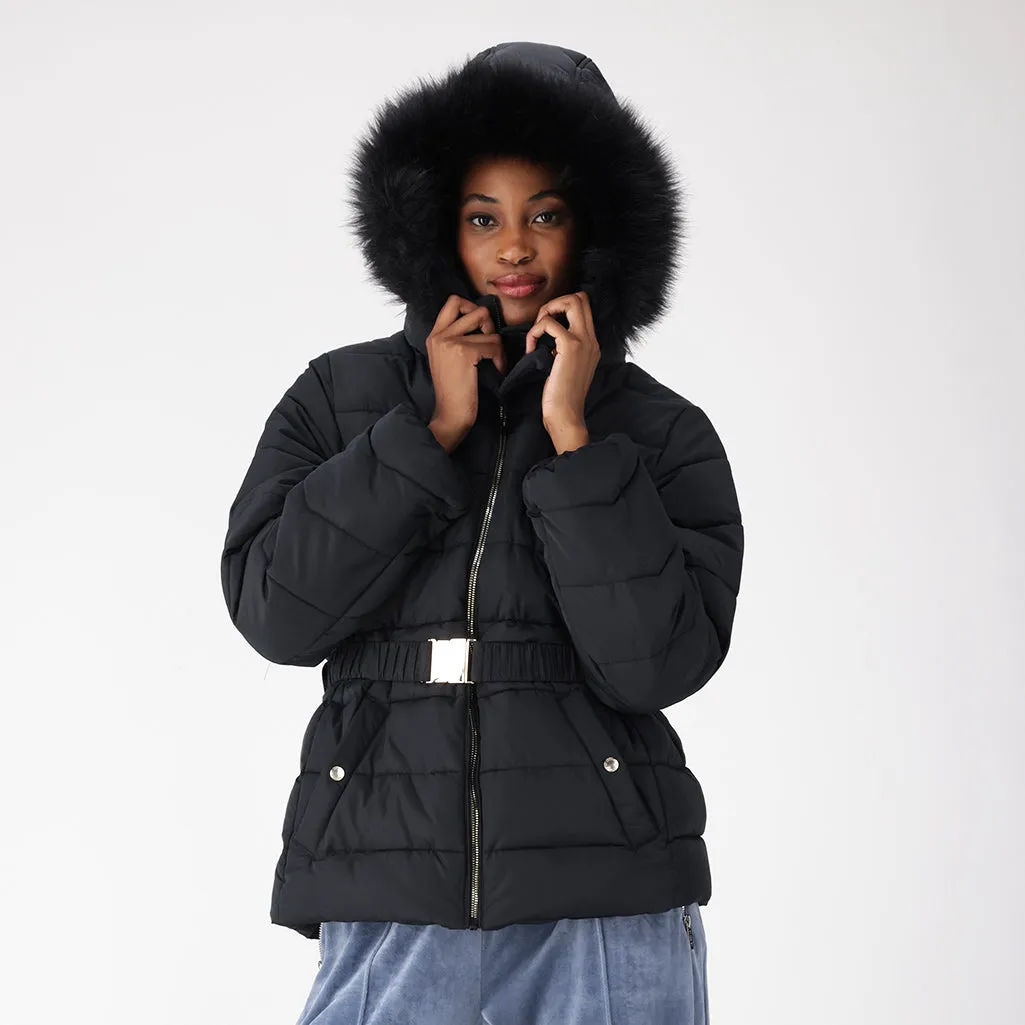 Gia Short Hooded Belted Puffer _ 155565 _ Black sold by Dunns