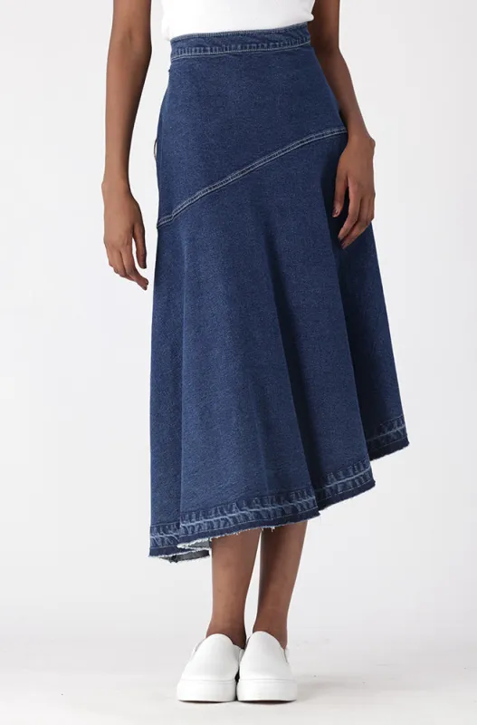 Rebel Asymetrical Denim Skirt _ 156938 _ Dark Wash sold by Dunns
