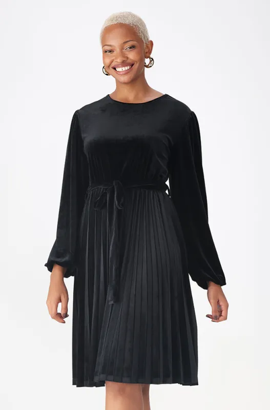 ROSE PLEATED  VELOUR DRESS  _ 160140 _ Black sold by Dunns