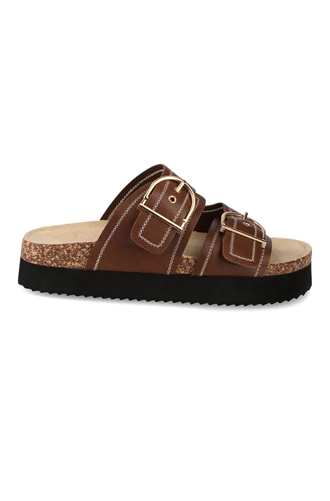 Darla double buckle chocolate sandal sold by Dunns