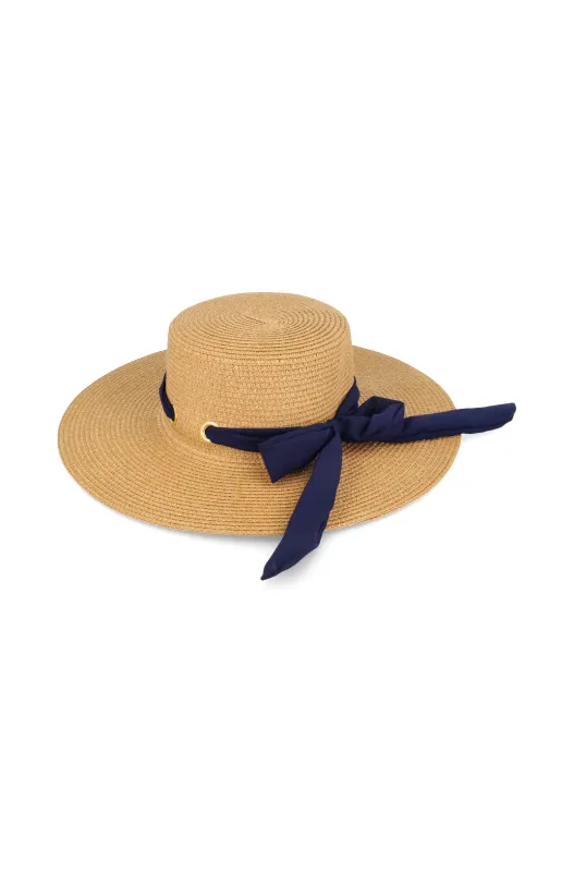 VALERIA MID BRIM BOATER HAT NATURAL AND NAVY sold by Dunns