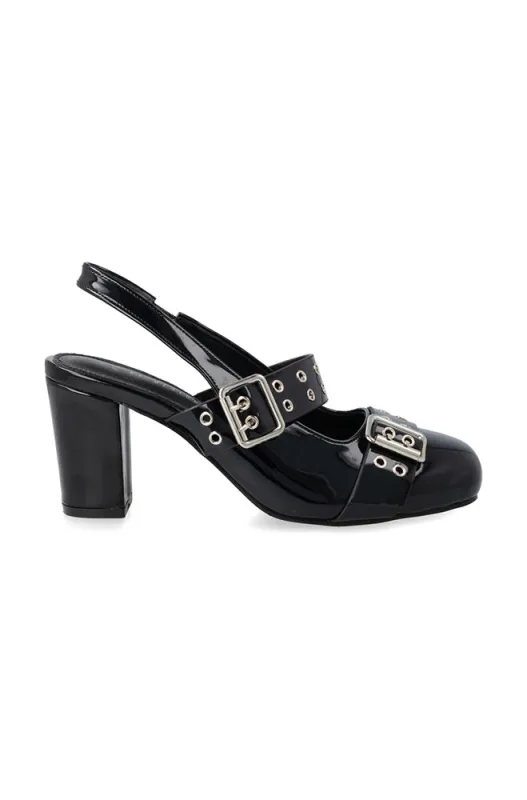 Eyelet Buckle Detail Block Heel Sling Back _ 161270 _ Black sold by Dunns