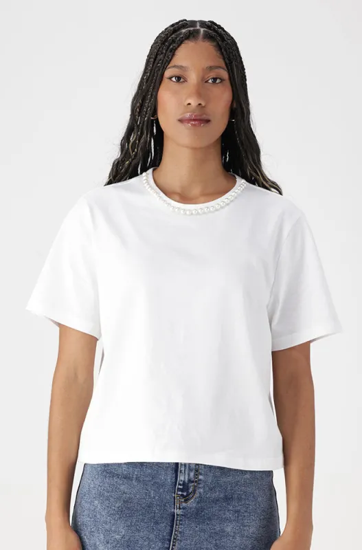 LEA BOXY TEE WITH PEARL TRIM DETAIL  _ 163126 _ White sold by Dunns