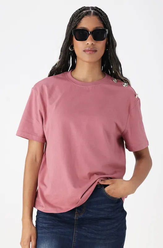 Jade Boyfriend Tee With Buttons Gold _ 162632 _ Pink sold by Dunns