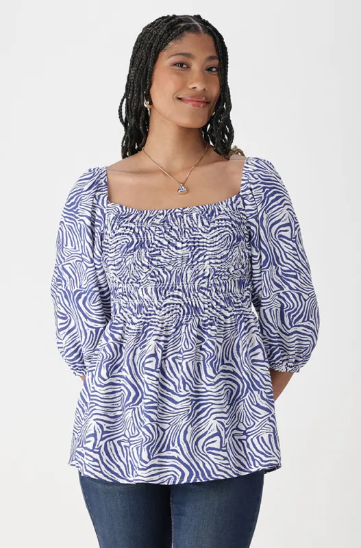 Jasmine Printed Peasant Top _ 168460 _ Blue sold by Dunns