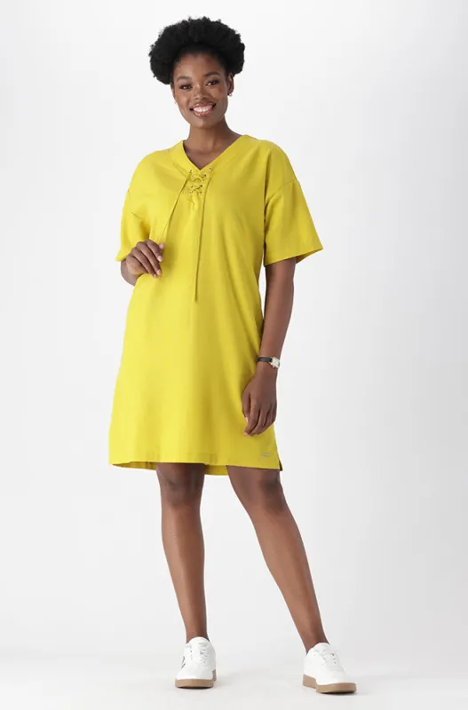 Amy Tie Detail Linen Dress _ 164621 _ Yellow sold by Dunns