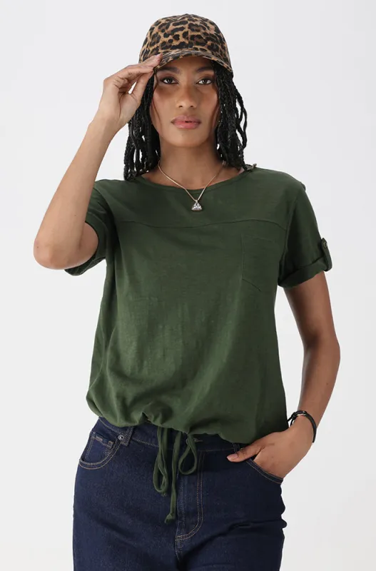 Elizabeth Drawcord Tee _ 163407 _ Fatigue sold by Dunns