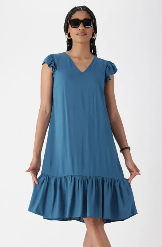 Astrid Flutter Sleeve Dress _ 161826 _ Teal sold by Dunns