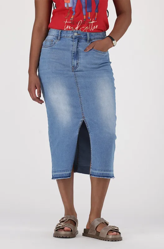 ROSIE DENIM LONGER LENGTH UNCLIPPED HEM SKIRT sold by Dunns