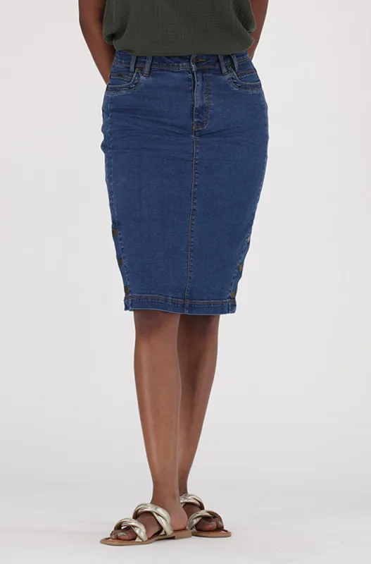 CAMDEN DENIM SIDE BUTTON SKIRT sold by Dunns