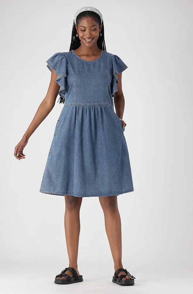 ARI DENIM FLUTTER SLEEVE DRESS sold by Dunns product image thumbnail 4