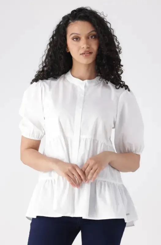 GEN TIERED PUFF SLEEVE SHIRT  _ 144802 _ White sold by Dunns