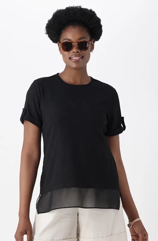 ESME KNIT AND WOVEN COMBO TOP made by Dunns