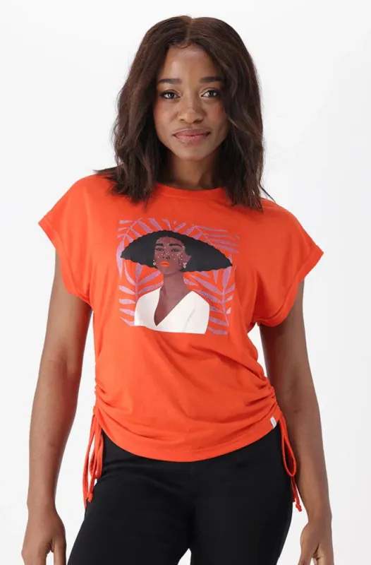 Scarlett Side Ruched Graphic Tee _ 151603 _ Orange sold by Dunns