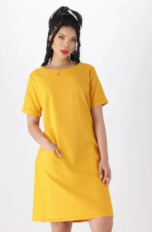 Penelope  Linen Shift Dress With Pleat Hem _ 144132 _ Ocre sold by Dunns