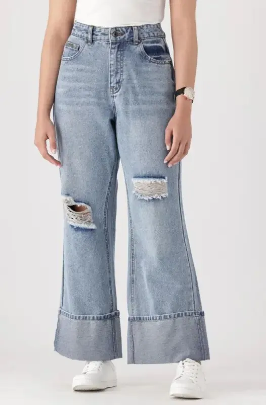 Taryn Turn Up Wide Leg Denim Jeans _ 141689 _ Mid Wash sold by Dunns