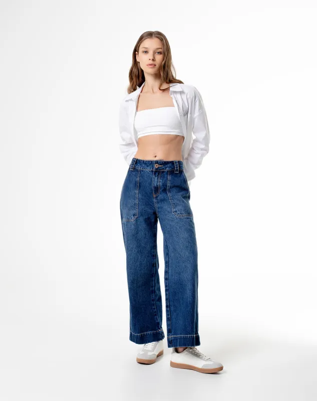 Jean culotte tiro medio 4 bolsillos azul oscuro para mujer sold by Gef