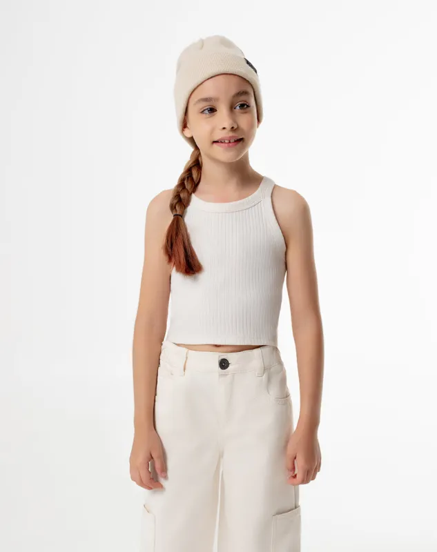 Crop top slim rib crema niña sold by Gef
