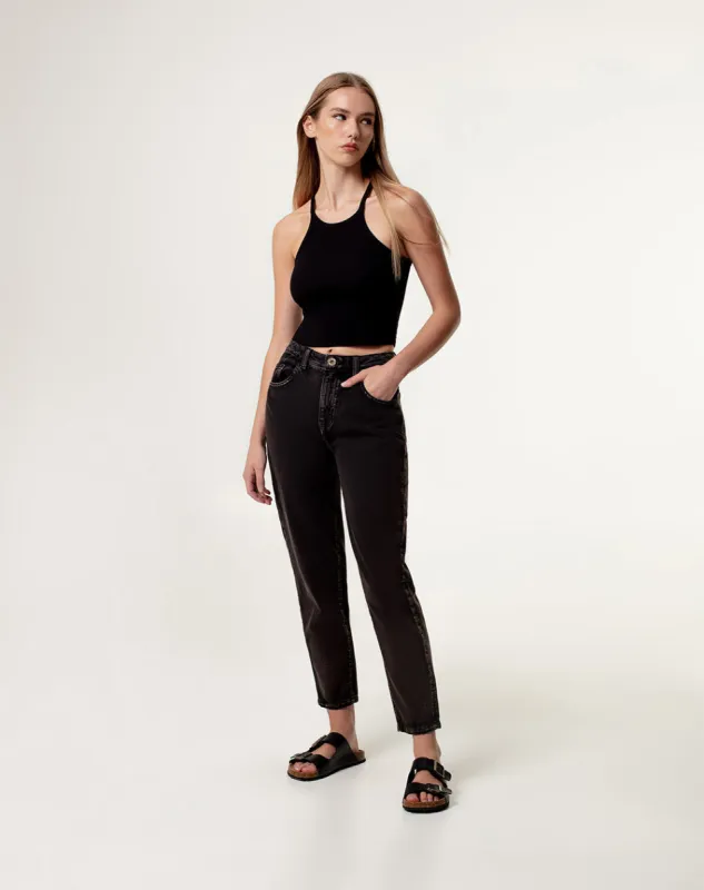 Jean mom fit fit tiro alto denim negro sold by Gef