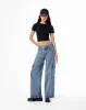 Jean wide leg tiro medio bolsillos tipo cargo azul oscuro para mujer sold by Gef