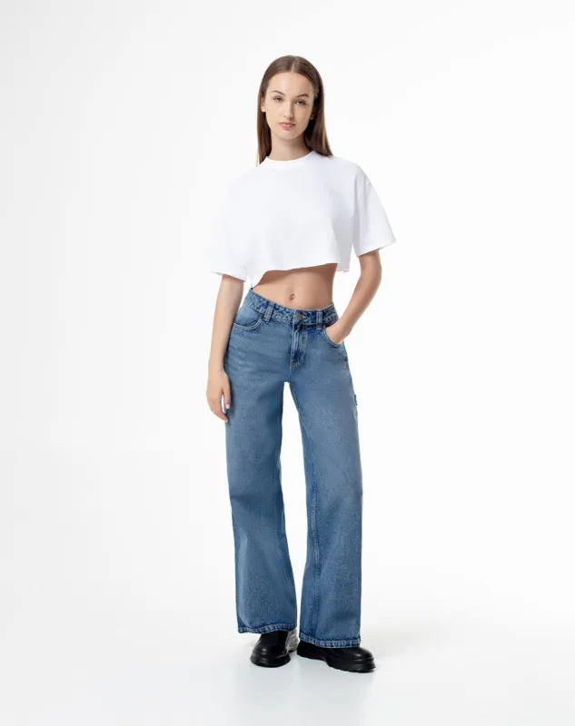 Jean wide leg tiro medio 4 bolsillos azul oscuro para mujer sold by Gef