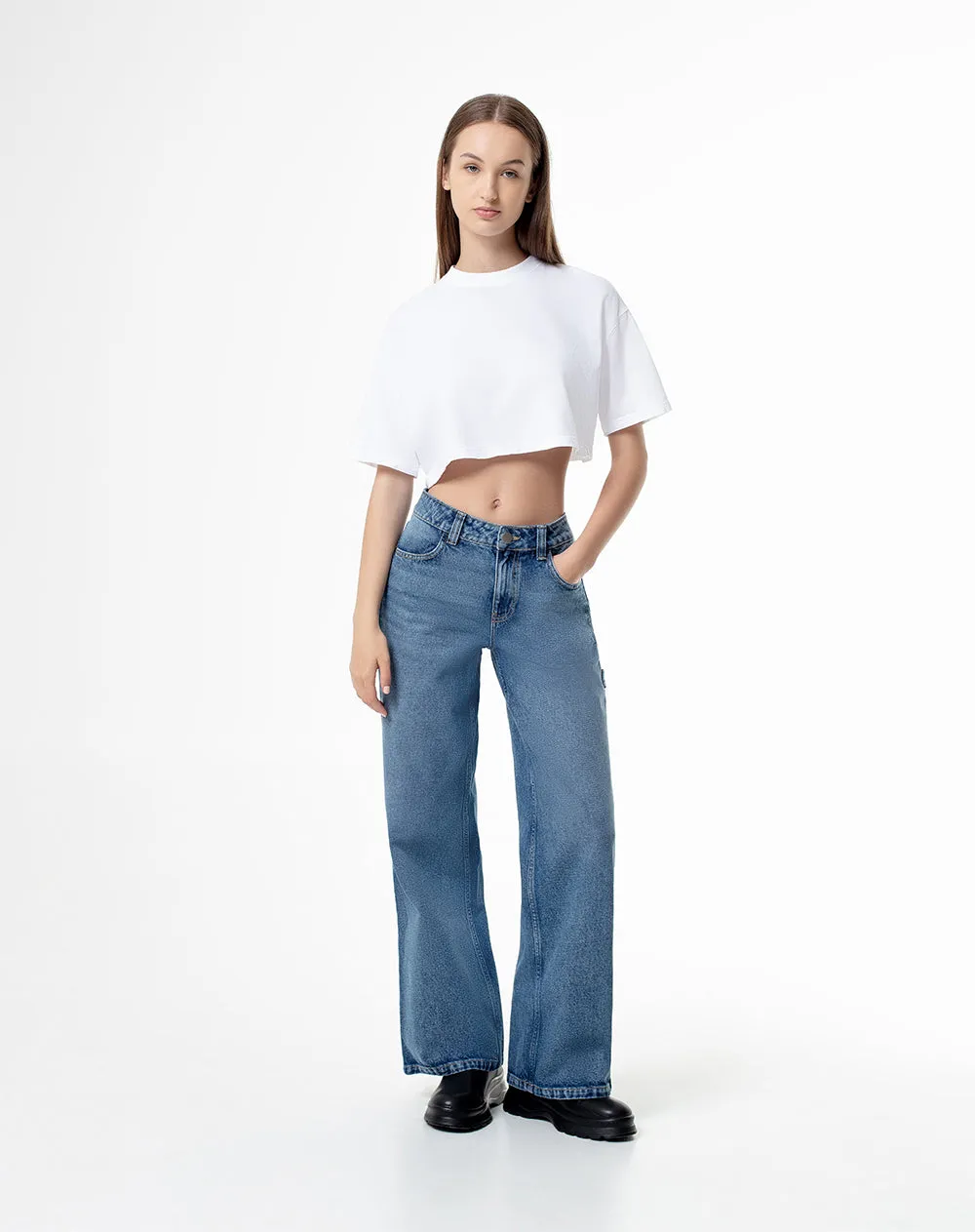 Jean wide leg utilitario tiro medio 100% algodón índigo oscuro mujer sold by Gef