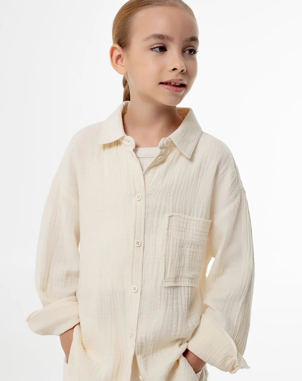 Camisa manga larga oversize algodón crema niña sold by Gef