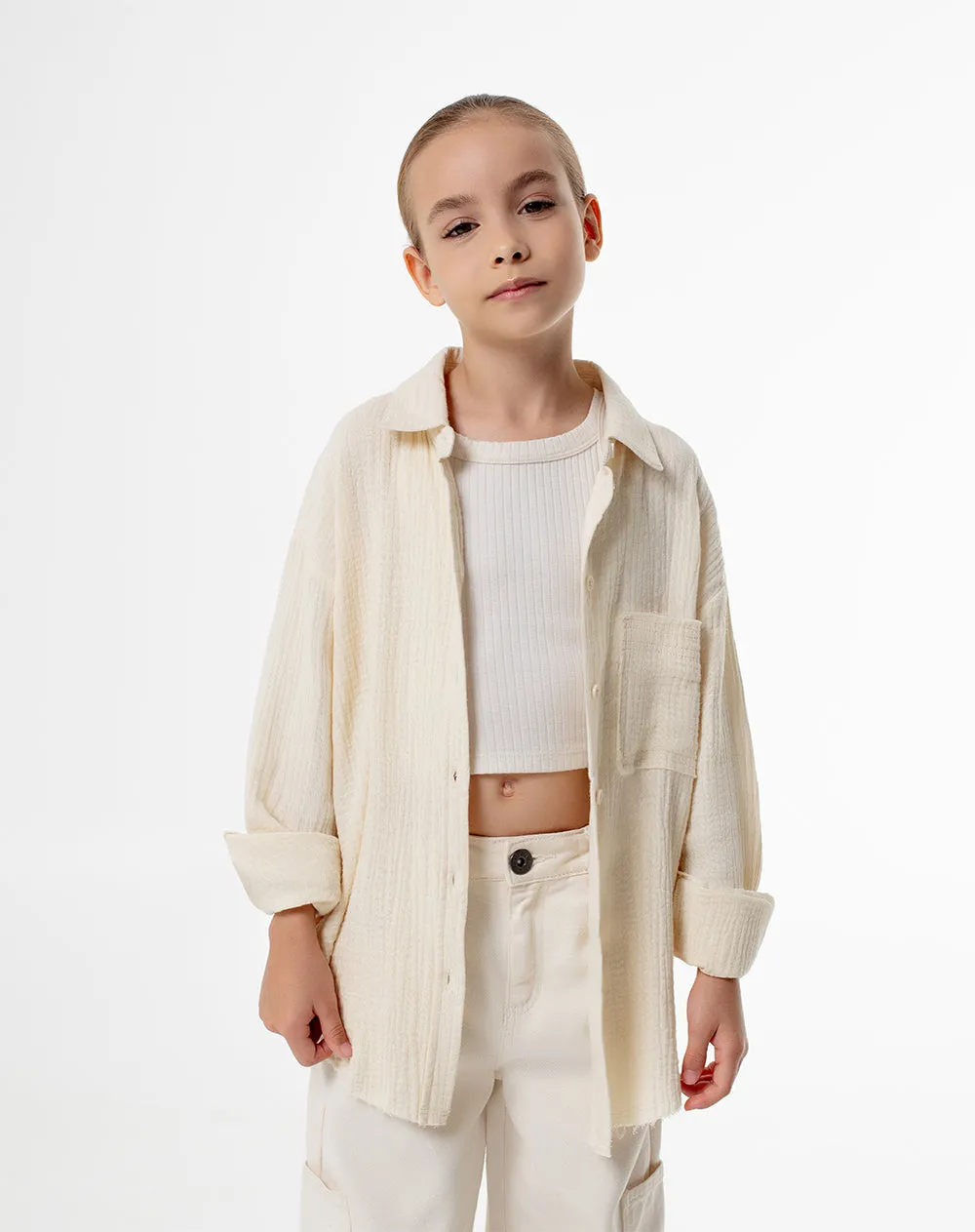 Camisa manga larga oversize algodón crema niña sold by Gef product image thumbnail 3