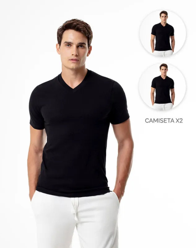 Camiseta slim algodón jersey x2unds negra hombre sold by Gef