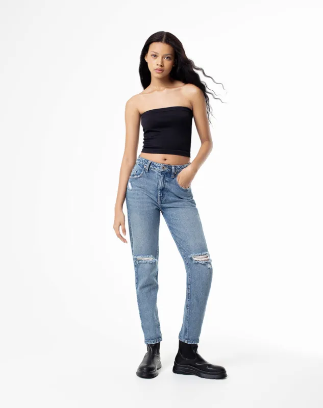 Jean mom fit tiro medio 100% algodón índigo medio mujer sold by Gef