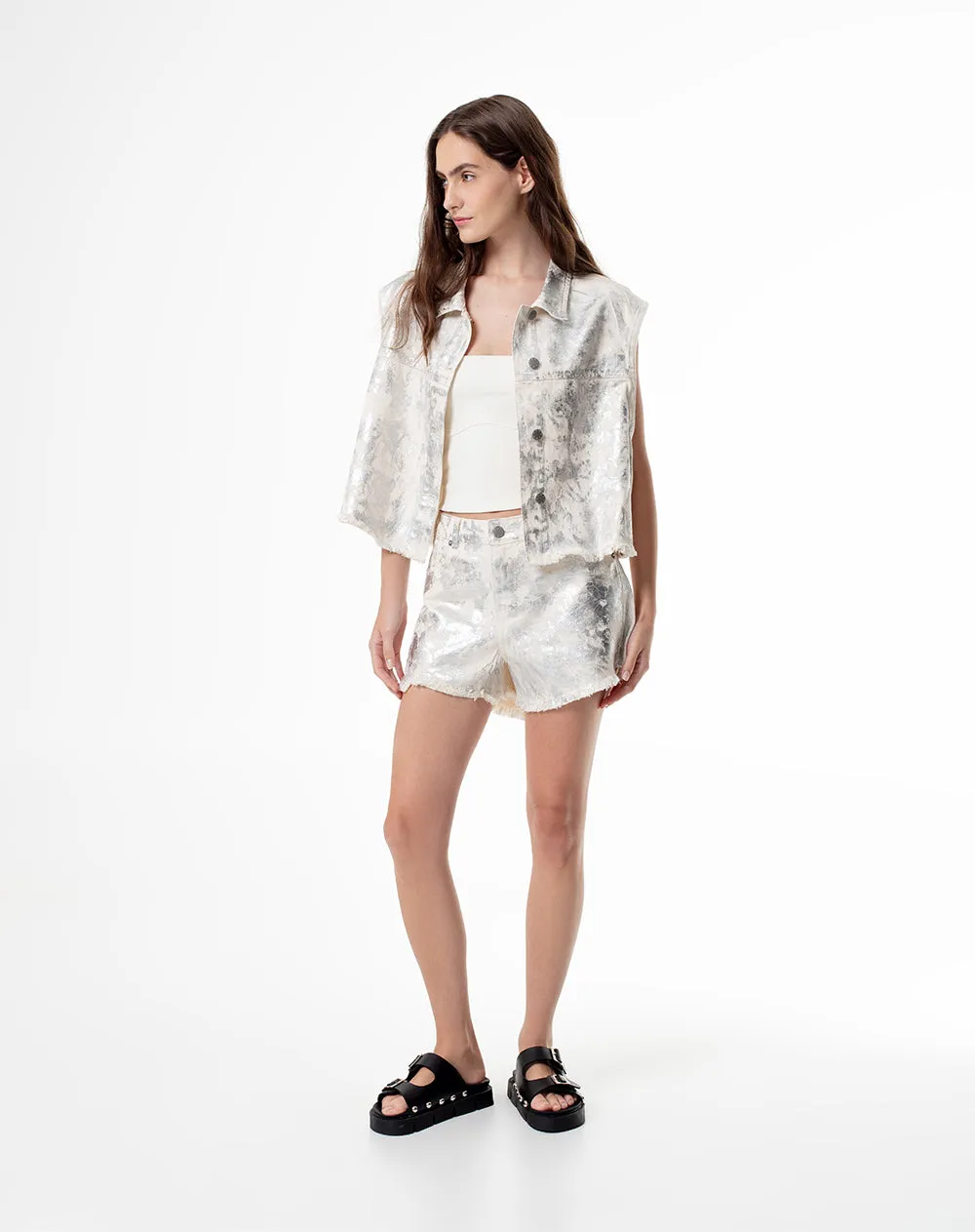 Short tiro medio denim metalizado gris mujer sold by Gef product image thumbnail 3