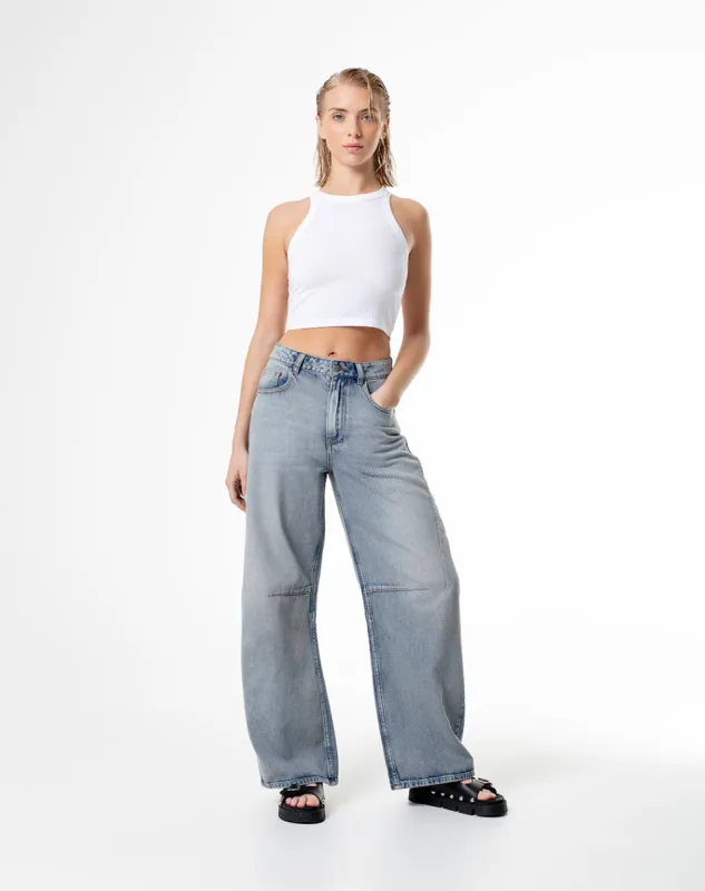 Jean wide leg tiro medio 5 bolsillos indigo medio para mujer sold by Gef