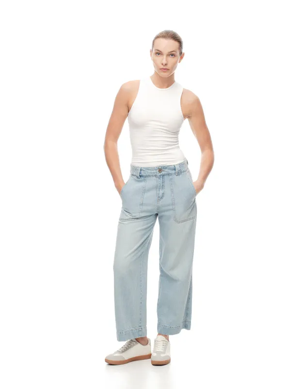 Jean culotte tiro medio 4 bolsillos indigo claro para mujer sold by Gef