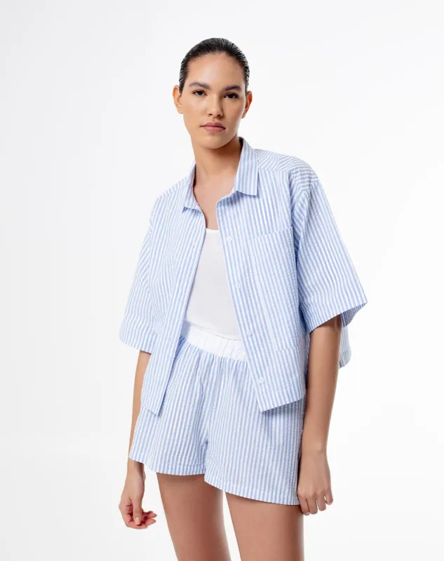 Camisa relaxed fit manga corta rayas azules sold by Gef